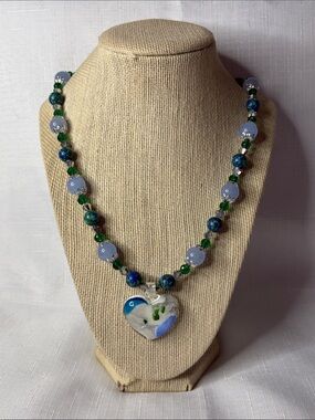 Handcrafted Murano Heart w/Chalcedony, Azurite, and Crystal Necklace
